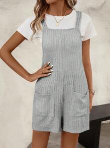 SHEIN LUNE Ladies' Short Overall Jumpsuit With Fleece Texture, Adjustable Straps, Double Patch Pockets And Casual Style
