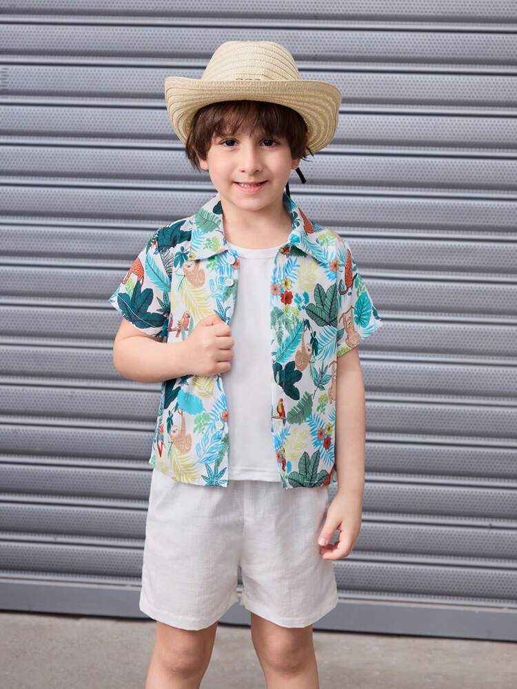 2pcs/Set Young Boy Tropical Plant & Animal Printed Short Sleeve Shirt And Shorts