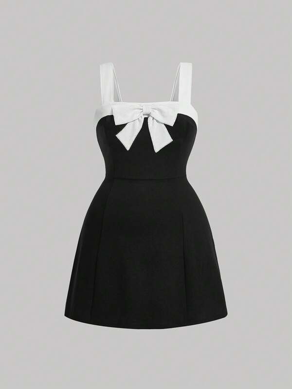 SHEIN MOD Rochie de damă cu centură cu fundă tricotată în alb-negru mărimi Plus pentru vară