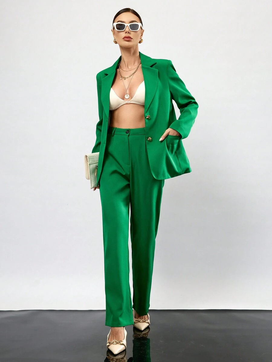 SHEIN BIZwear Ladies' Solid Color Fashionable Suit Jacket And Trousers Set - Green - View 1