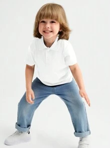 SHEIN Young Boy Solid Color Knitted Short Sleeve Polo Shirt With Turn-Down Collar