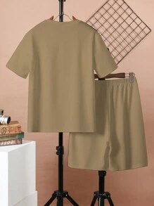 SHEIN Teen Boy Printed Simple Style Short Sleeve T-Shirt And Shorts Set - Khaki - View 2