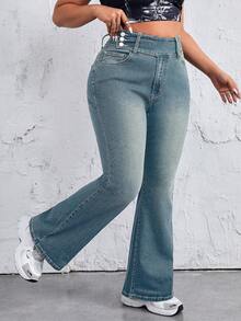 SHEIN ICON Kích thước lớn Của phụ nữ Pháo sáng Quần jean Với Túi - Màu xanh bụi bặm - Xem 3