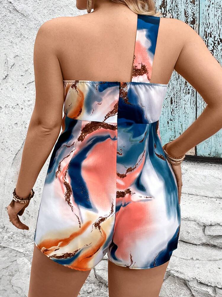 Plus Size Women's Marble Print Oblique Shoulder Sleeveless Tie Front Romper