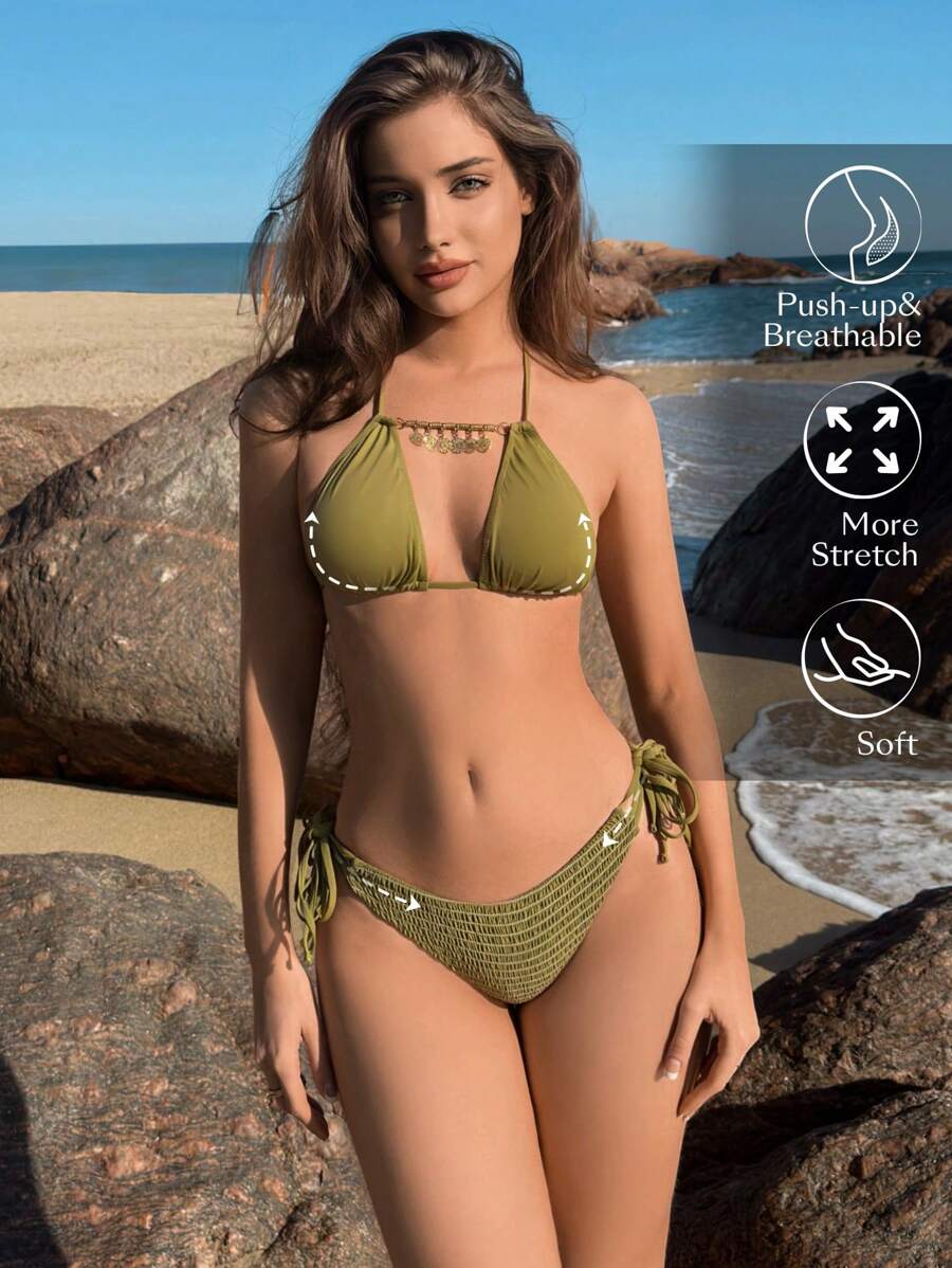 SHEIN Swim 纯色吊带比基尼套装 夏季 - 綠色 - 查看 1