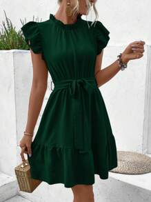 Breezaya Women's Solid Color Ruffle Sleeve Dress, Perfect For Summer - Dark Green - View 5