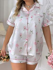 印花玫瑰加大碼仿絲睡衣套裝,適用於居家穿著 - 白色 - 查看 3