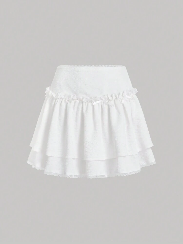 Casual Solid Frill Trim Layered Hem Skirt