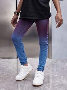 SHEIN Tween Boy Stylish Personalized Colorblock Heavy Washed High Stretch Blue Jeans For Spring And Summer - Multicolor - View 4