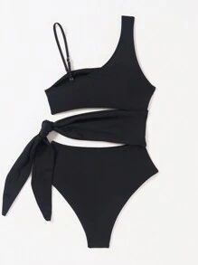 SHEIN Swim Traje De Baño De Una Pieza Con Escote Asimétrico Monocromático Para Mujer, Adecuado Para Verano, Playa, Piscina