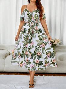 SHEIN Clasi Women's Plus Size Plant Printed Split Dress - White - View 5