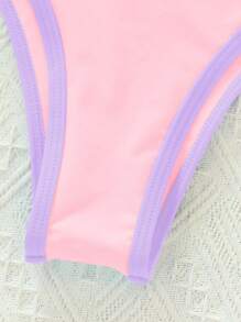 SHEIN Swim Conjunto de bikini con bloques de color, tirantes finos y bordes con volantes, para playa de verano - Rosa - Ver 5