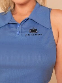 FRIENDS X SHEIN Áo ba lỗ thêu hình trái tim dệt kim gân cỡ lớn màu xanh cà phê - Màu xanh lam - Xem 7