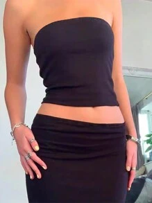 INAWLY Women's Strapless Solid Color Minimalist Top And Skirt Set