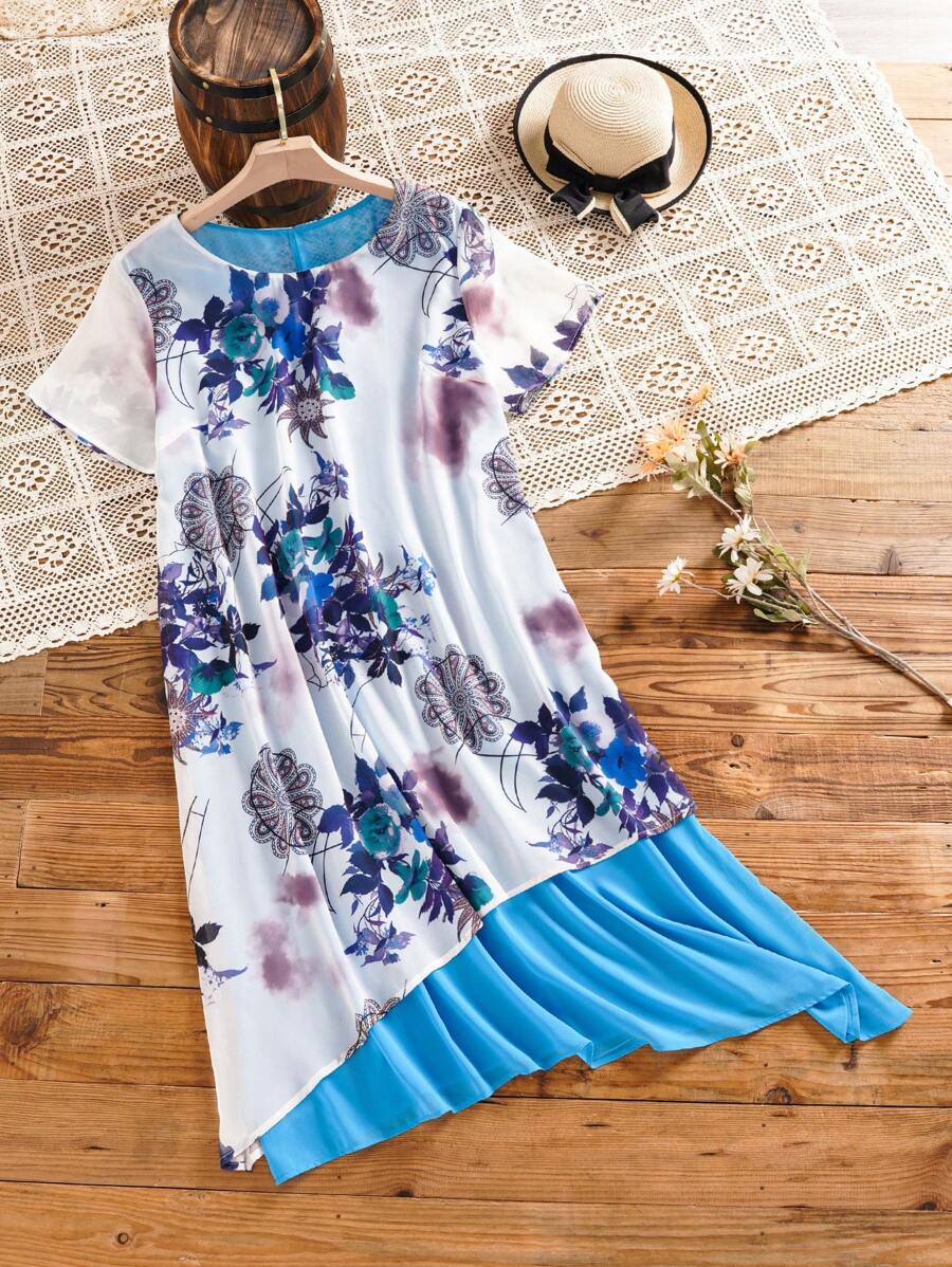 Kích thước lớn Của phụ nữ Mùa hè Vòng cổ Hoa In Ngắn tay Đầm - Màu xanh lam - Xem 1