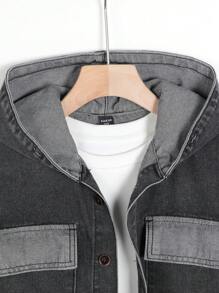 Tween Boy Distressed And Patch Embroidery And Black Hooded Denim Jacket