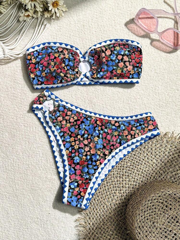Summer Ditsy Floral Bandeau Bikini Set With Triangle Bottom