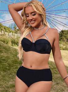 SHEIN Swim Ladies' Sparkly Shoulder Strap Swimwear Set With Underwire Summer - Black - View 2