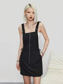 SHEIN EZwear 女式gorpcore前中拉鍊工裝連身裙 - 黑色 - 查看 4