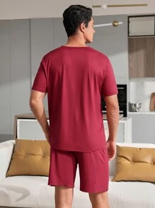 Casual Men's Homewear Set Printed With Line, Heart, And Letter Designs - Burgundy - View 6