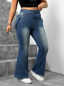 SHEIN ICON Plus Size Cross Belt Flared Jeans, Fashionable And Versatile - Blue - View 6