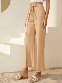 GENKIRA 女士純色蝴蝶結休閒萬能長褲 - 卡其色 - 查看 5