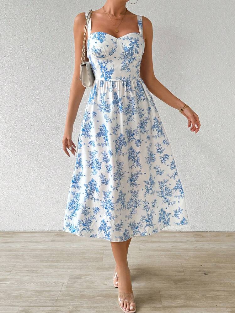 blue and white spaghetti strap floral dress SHEIN Privé & Print A-Line line skirt october 20 2023 Festival ready with this Set:Dress & Headband