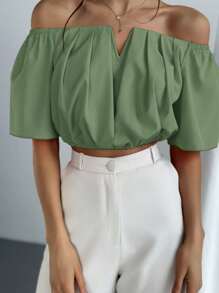 Aloruh 女式夏季纯色露肩 V 领松紧腰衬衫、短袖上衣 - 綠色 - 查看 4