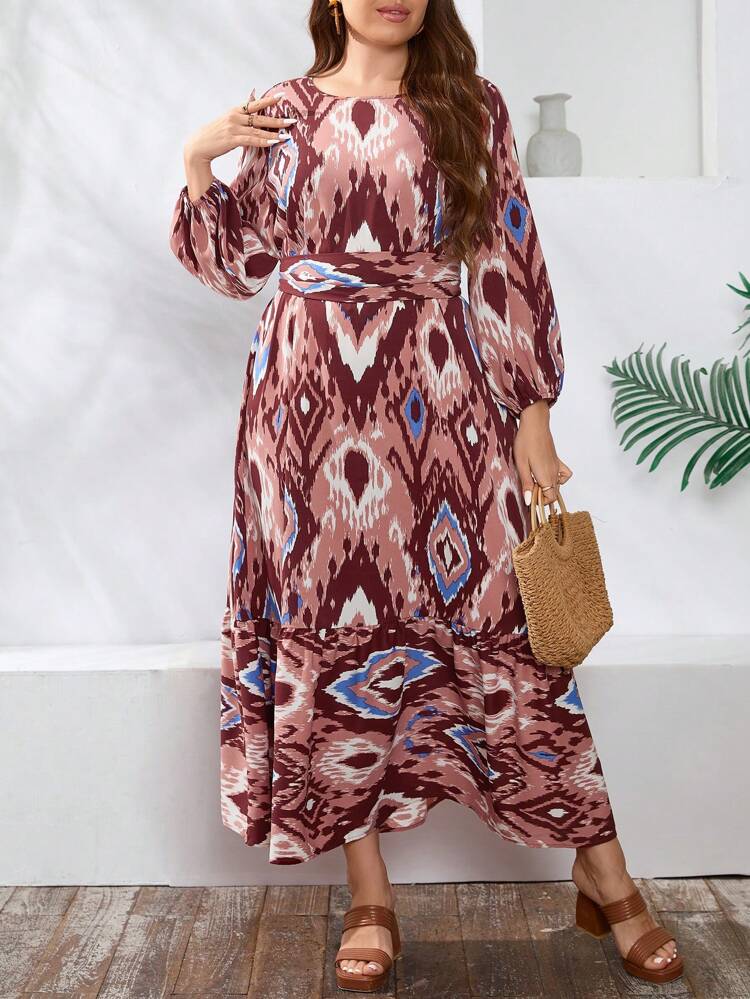 Plus Size Vintage Printed Lantern Sleeve Dress