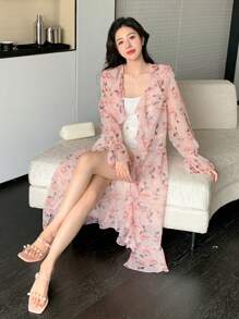 Dazy Designer Áo sơ mi nữ in hoa, cổ áo xếp nếp, tay dài, thích hợp cho mùa hè, kiểu dáng voan mỏng, thích hợp cho lễ Phục sinh. - Nhiều màu - Xem 7