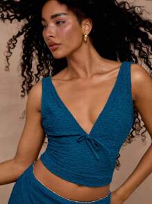 MUSERA Textured Plunge Tie Front Top Summer Boho Ibiza Sexy Romantic Festival Western Going Out Tops - Navy Blue - View 5