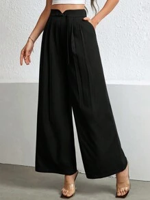 SHEIN Privé 女款黑色高腰阔腿裤 黑色裤子 黑色阔腿裤 腰部接缝V字扣 夏季裤子 休闲裤 有口袋 松紧腰带 旗袍纽扣 适合日常 通勤 度假 约会 郊游 - 黑色 - 查看 3
