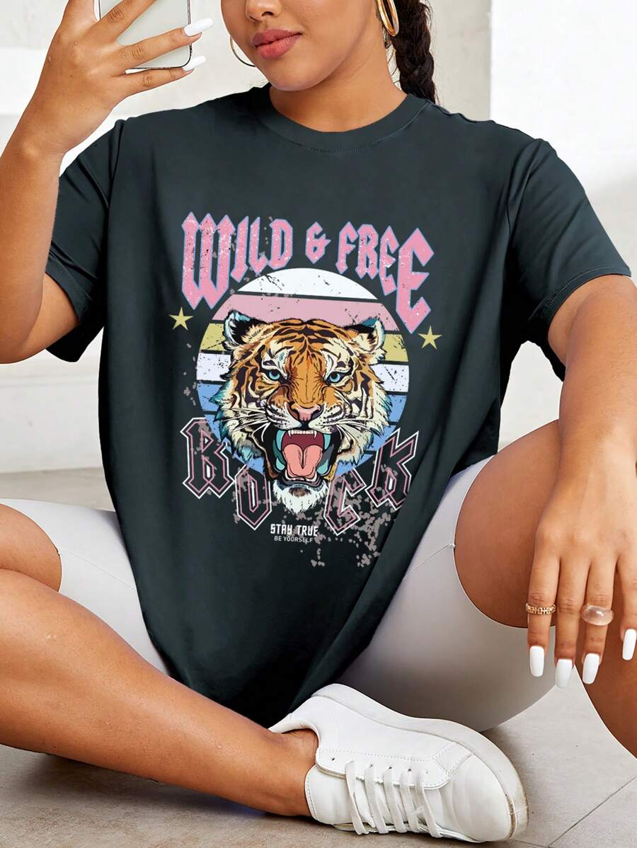 INAWLY Plus Size Men's Tiger & Letter Print T-Shirt - Dark Grey - View 1