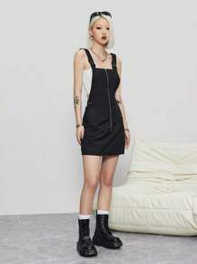 SHEIN EZwear 女式gorpcore前中拉鍊工裝連身裙 - 黑色 - 查看 6