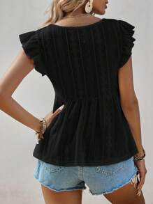 SHEIN Frenchy 實色v領蕾絲修飾腰間喇叭袖上衣 - 黑色 - 查看 5