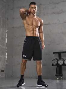 Manfinity Athleisure Boyfriend Style Men's Color Block Elastic Waist Sports Shorts With Drawstring And Letter Print Gym Shorts - Black - View 4