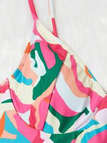 SHEIN Swim Traje de baño de una pieza con estampado abstracto y tirantes de espagueti para mujer, adecuado para la playa o el verano de vacaciones