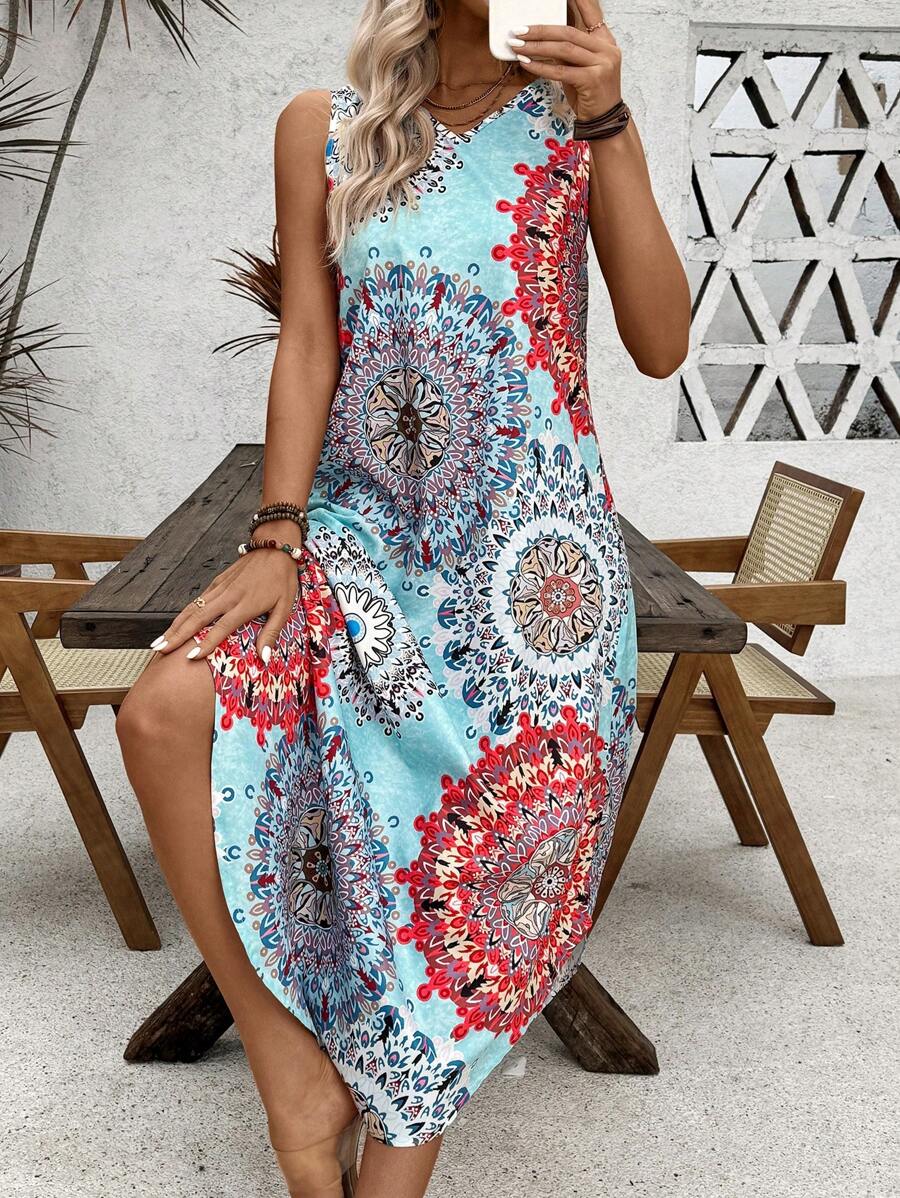 SHEIN Holidaya 女士曼陀羅印花海灘假期風格無袖夏季裙 - 藍色 - 查看 1