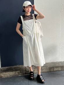 FRIFUL Solid Color Patchwork Pocket Strap Dress - White - View 3