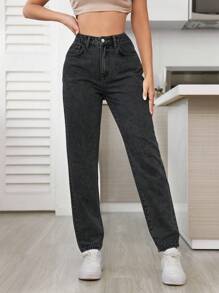 SHEIN Tall Của phụ nữ Đơn giản Màu thuần Cao eo Quần jean - Xám - Xem 3
