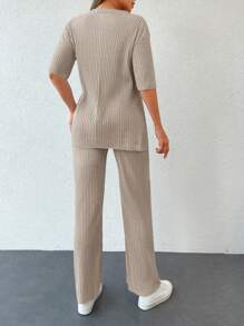 EURMUSE Solid Drop Shoulder Tee & Pants - Apricot - View 2