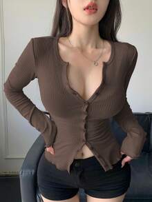 DAZY Của phụ nữ Thon gọn Tay áo dài Áo thun Với nút Mặt trước Và Henley Cái cổ , Màu thuần - Cà phê nâu - Xem 2