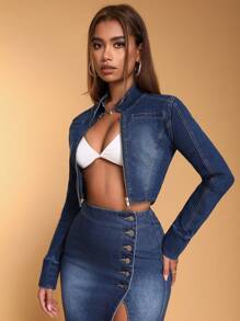 SHEIN BAE Zipper Fly Crop Denim Jacket - Blue - View 6