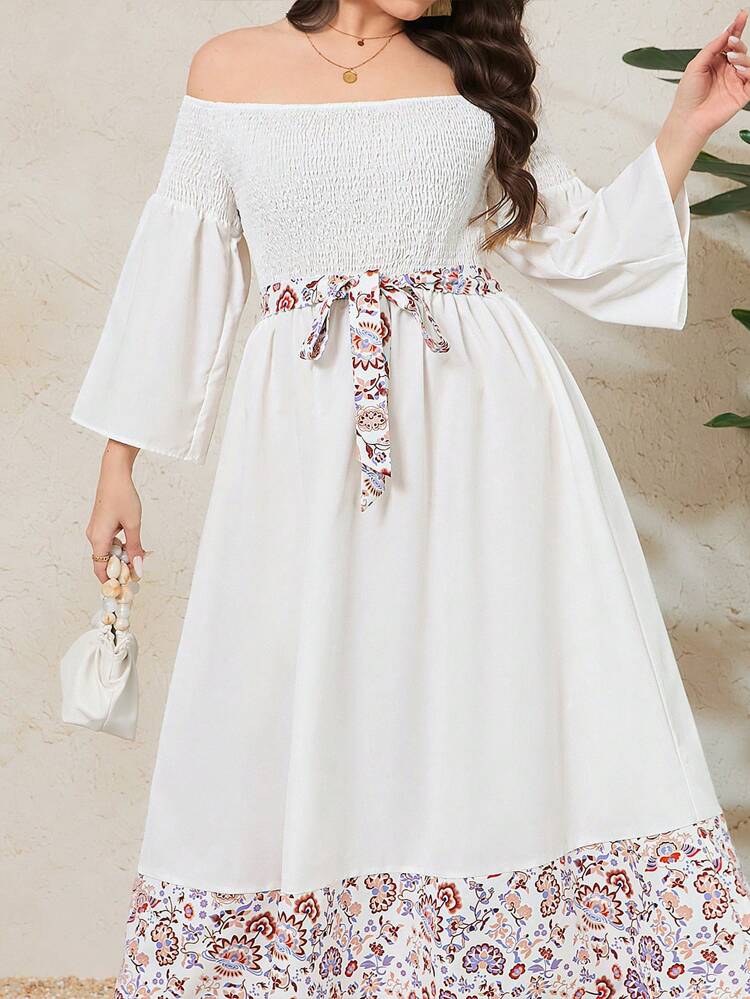 Plus Size Hollow Out Flare Sleeve Open Shoulder Dress