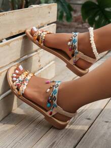 Sandalias Planas De Verano Estilo Borla Y Tejido De Cuentas, Ligeras Y Antideslizantes, Patrón Al Azar - Beis - Ver 3