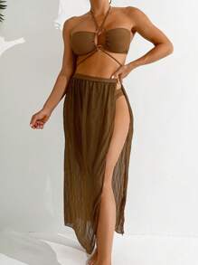 SHEIN Swim Women's Fashionable Cut Out Design Bikini Set, 3 Pieces Bathing Suit For Summer Beach - Coffee Brown - View 8