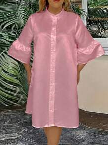 SHEIN Clasi Talla Grande Vestido De Manga Acampanada Con Cuello Alto Y unicolor - Rosa - Ver 4