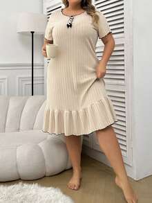 Plus Size Contrast Lettuce Trim Sleep Dress With Ruffle Trim - Apricot - View 6