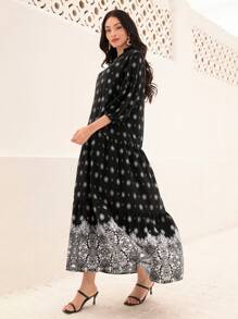 Seusyu 女用荷葉邊全印花缺角領口連身裙 - 黑色 - 查看 8