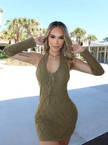 Zolique Damen Halter Solide Farbe Modische Kleid Mit Ärmelabdeckungen Set - Armeegrün - Übersicht 1